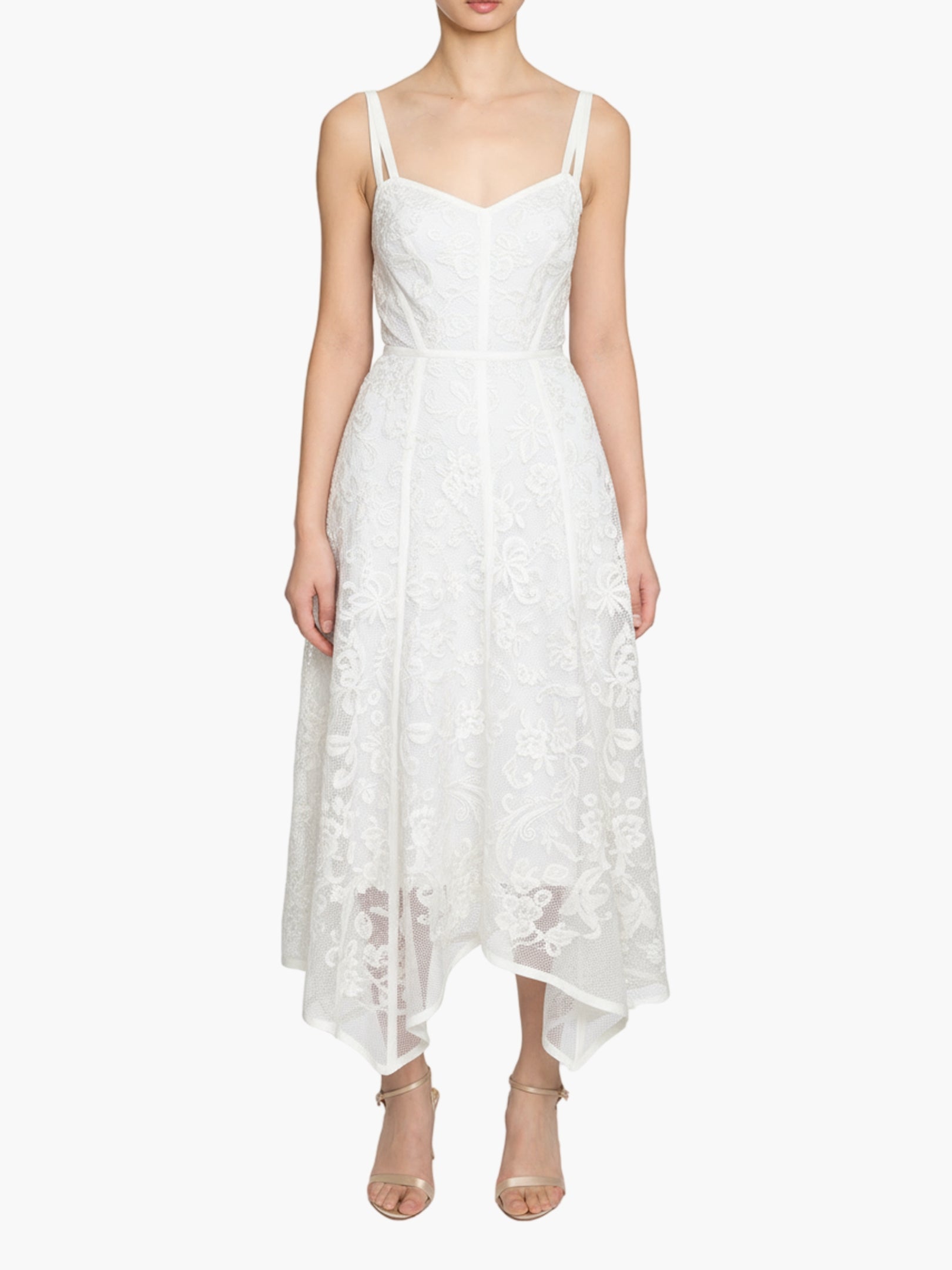 Victorian Corded Lace Ribbon Strap Handkerchief Hem Midi Dress