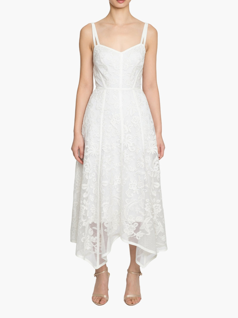 Victorian Corded Lace Ribbon Strap Handkerchief Hem Midi Dress