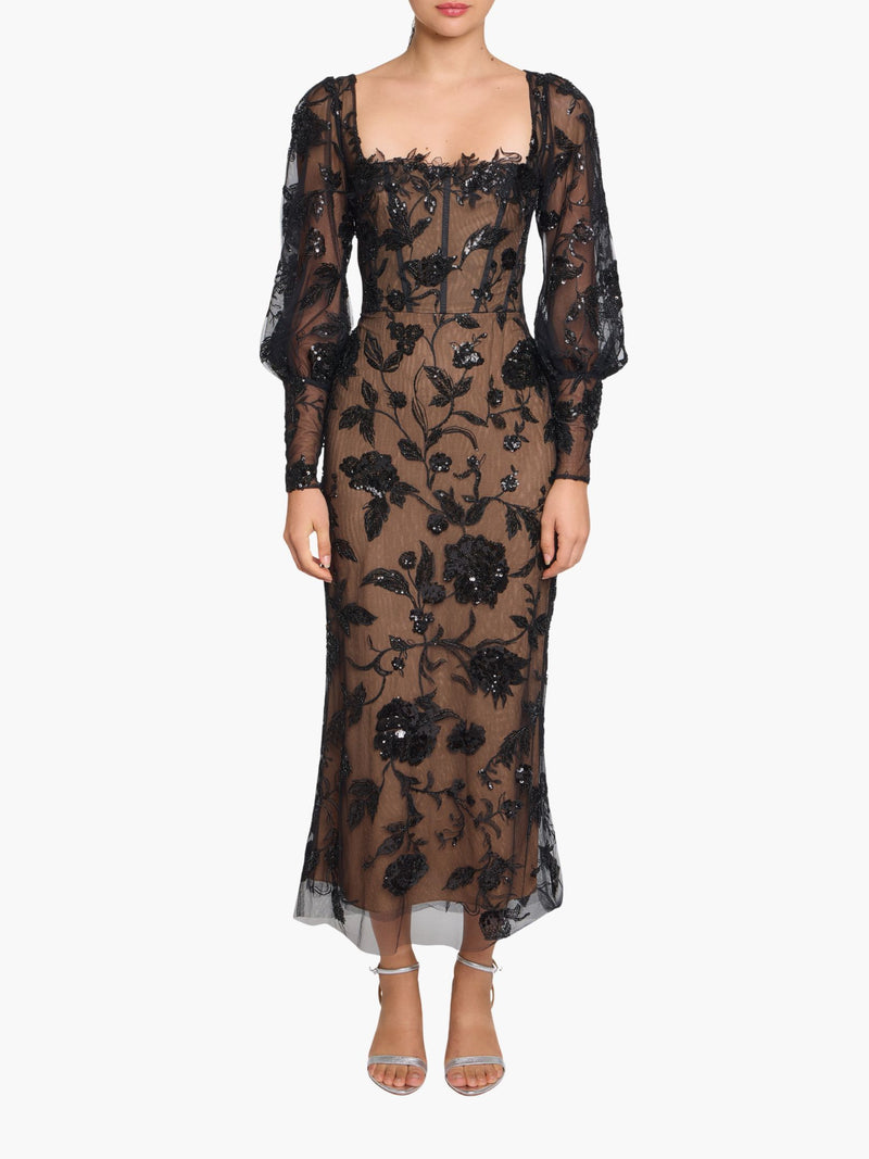 Long Sleeve Corset Embellished Cocktail Maxi Dress