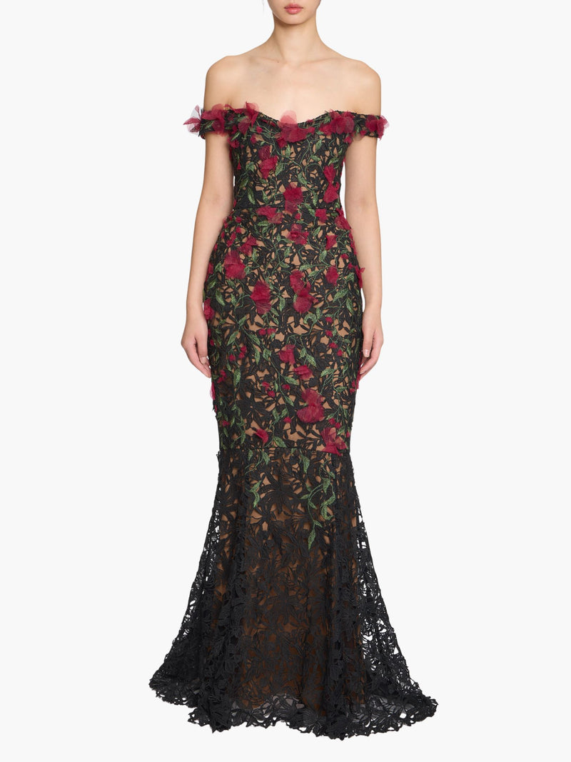 Guipure Lace Off Shoulder Gown