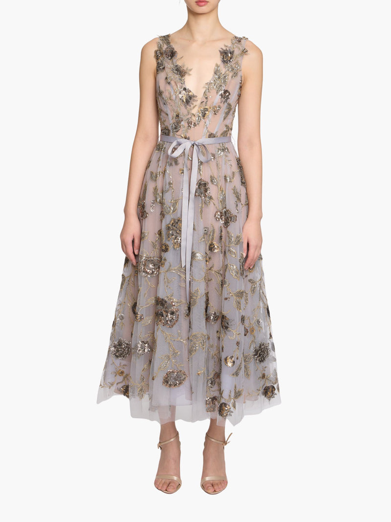 Dusty Blue Chiffon Gown with Back Bow Tie Detail | Marchesa Dusty Blue Chiffon Gown with Back Bow Tie Detail | Marchesa