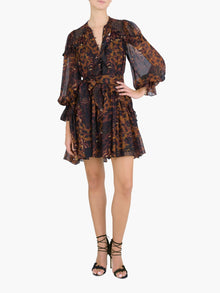 Braided Leopard Flounced Silk Chiffon Mini Dress