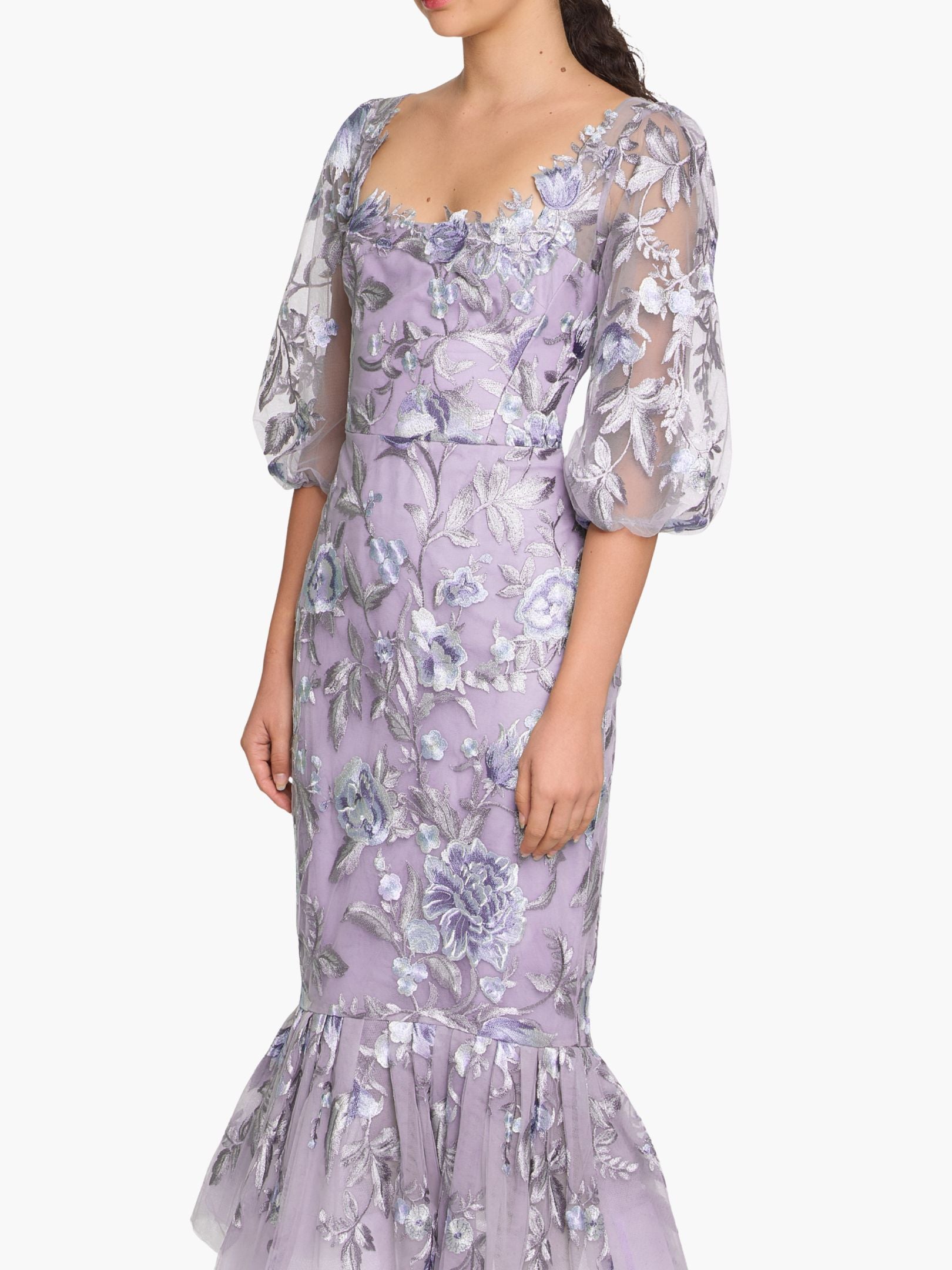 mariposa puff sleeve organza midi dress Marchesa Notte Puff Sleeve Midi Dress