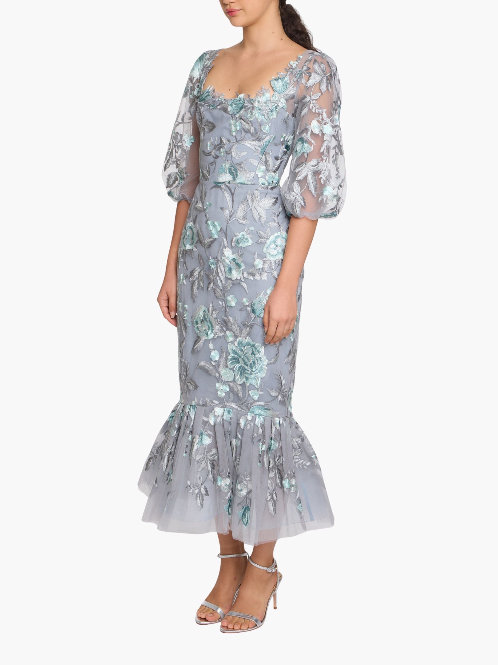 Botanist Bloom Embroidered Puff Sleeve Midi Dress | Marchesa Botanist Bloom Embroidered Puff Sleeve Midi Dress | Marchesa
