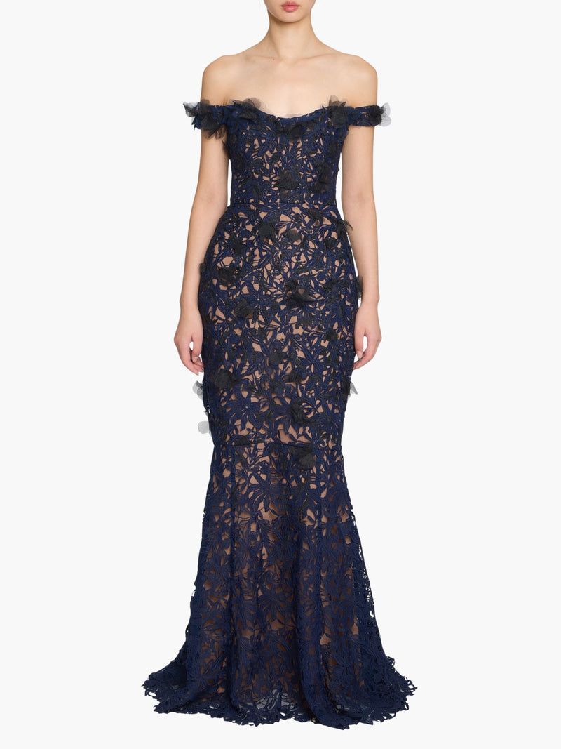 Guipure Lace Off Shoulder Gown