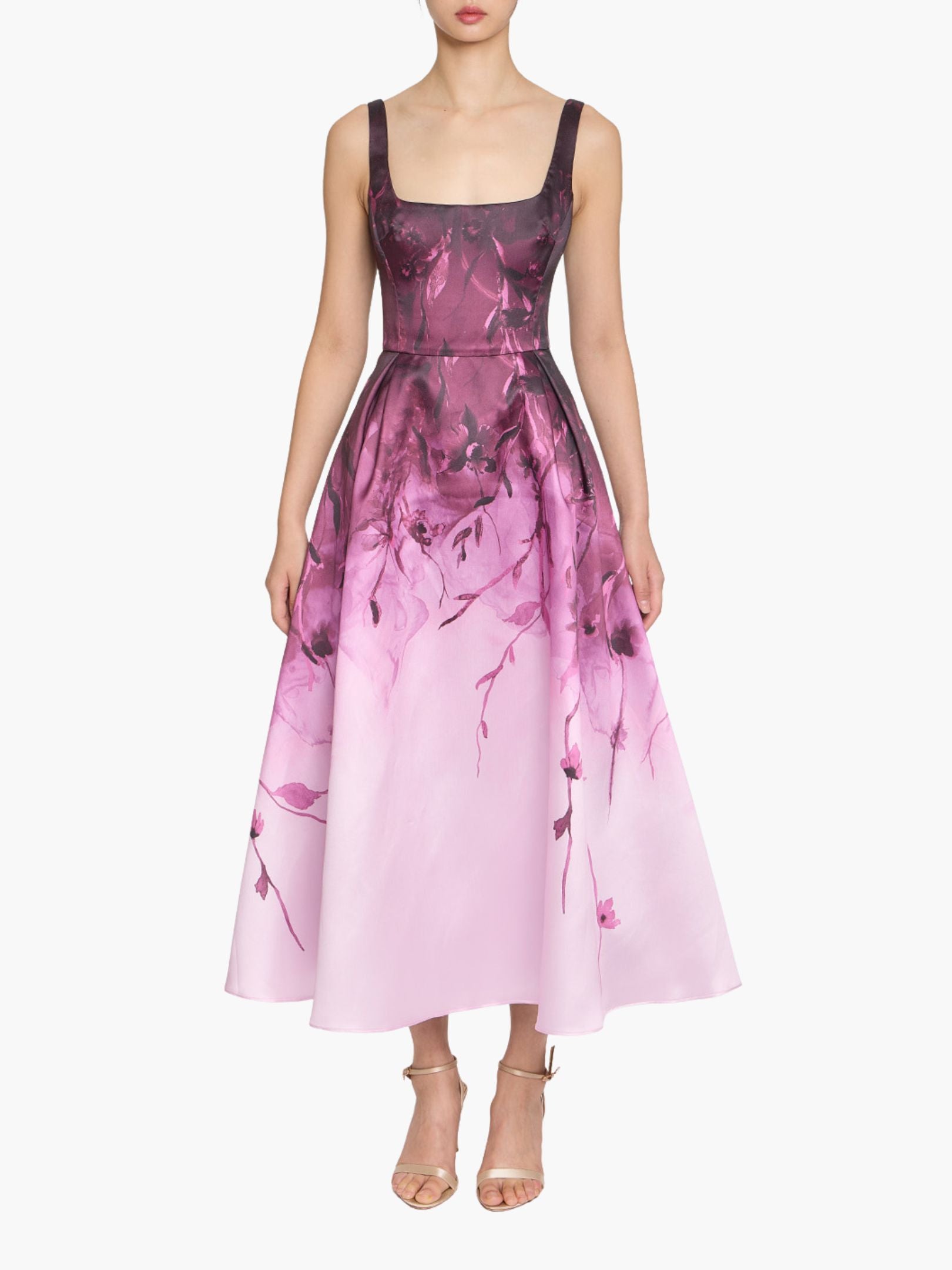 Marchesa Notte Floral Printed Mikado Midi Dress in Rose – Sleeveless Cocktail Party Dress, Size 14