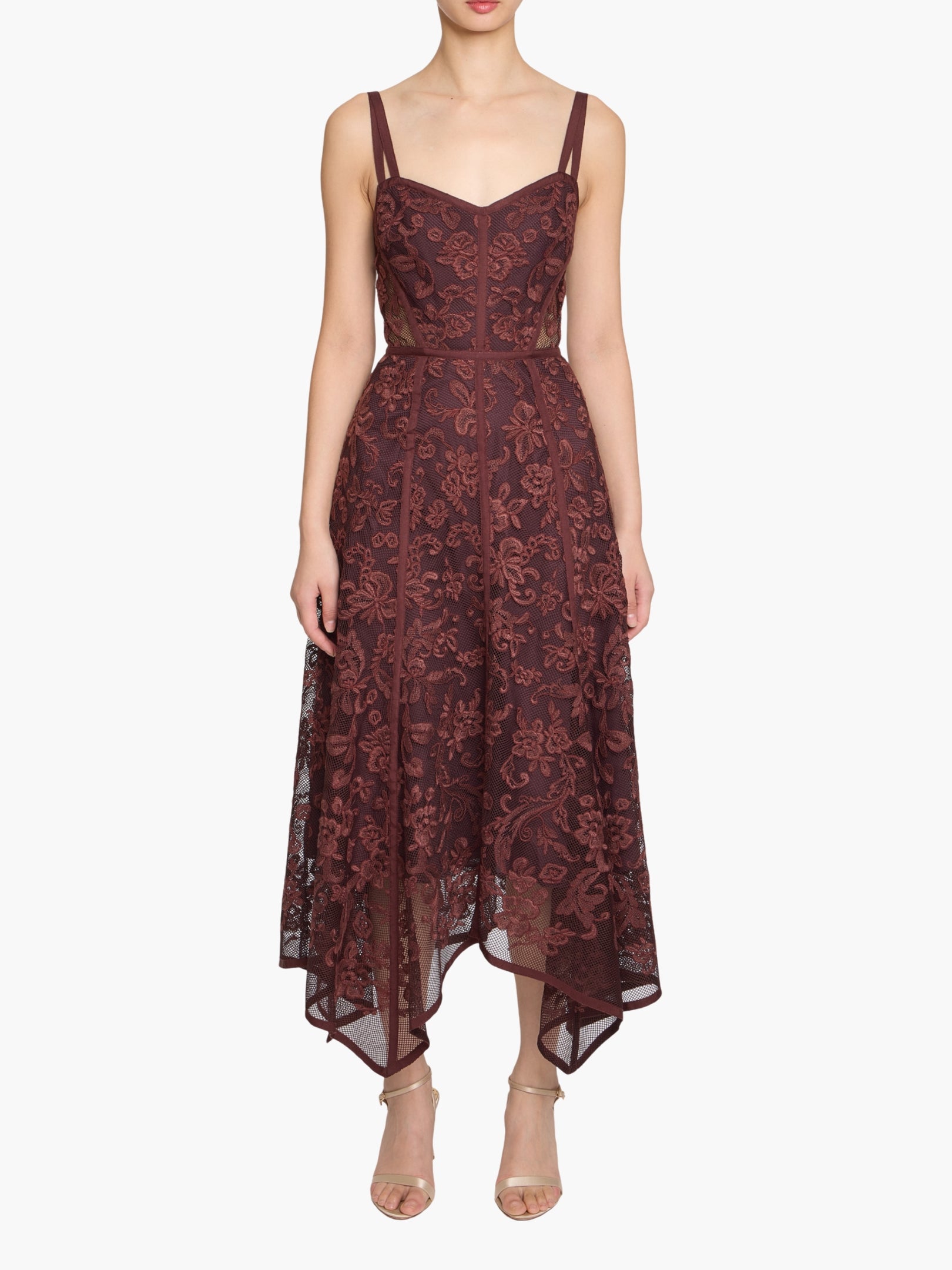 Victorian Corded Lace Ribbon Strap Handkerchief Hem Midi Dress