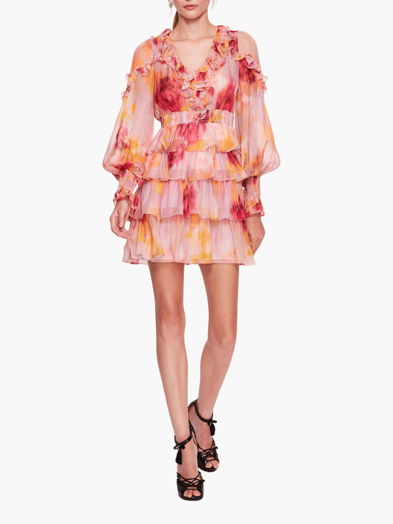 Orchid Silk V-Neck Tiered Ruffle Mini Dress
