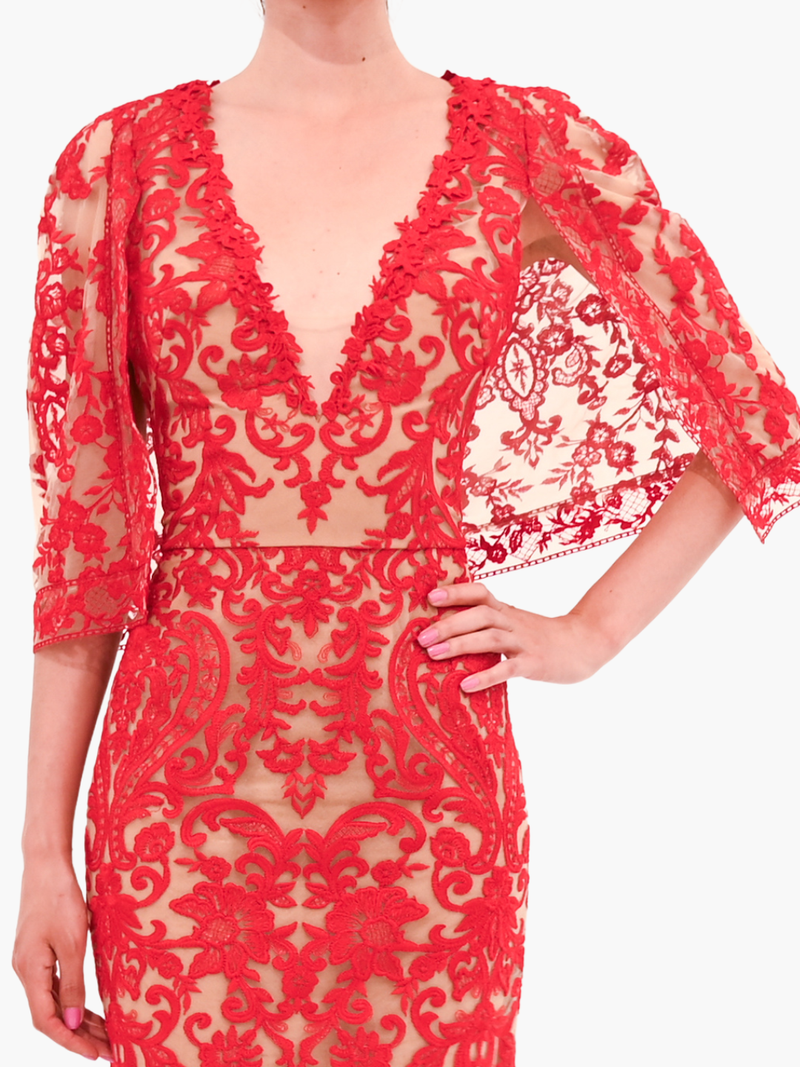 Mirrored Floral Cape Sleeve Gown