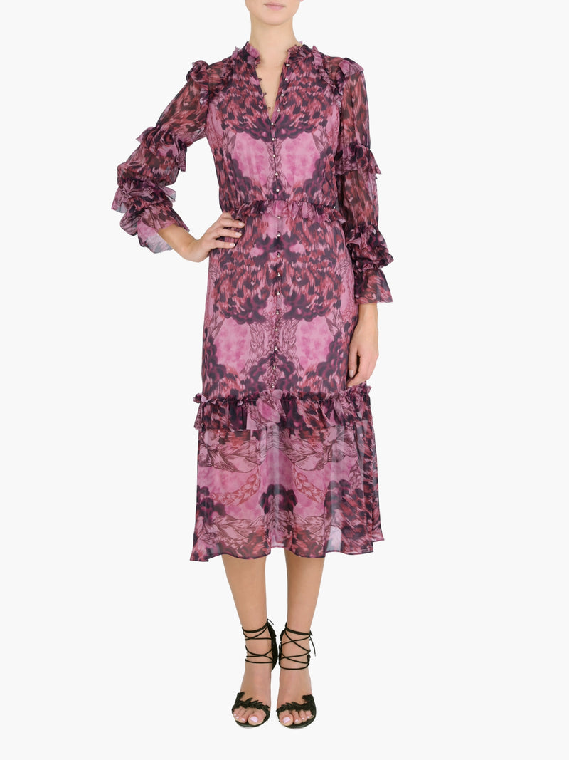 Braided Leopard Flounced Silk Chiffon Midi Dress
