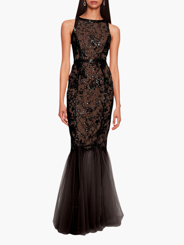 Sequin Lattice Strapless Gown