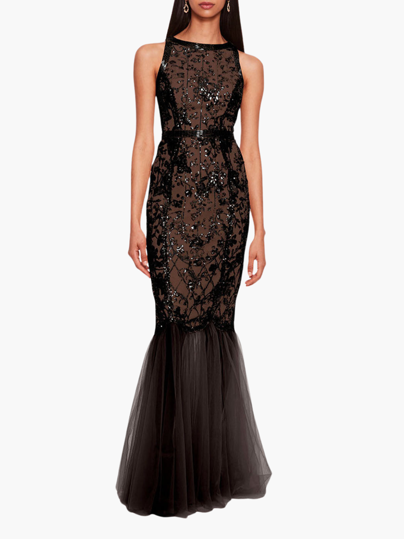 Sequin Lattice Strapless Gown