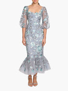 Botanist Bloom Embroidered Puff Sleeve Midi Dress