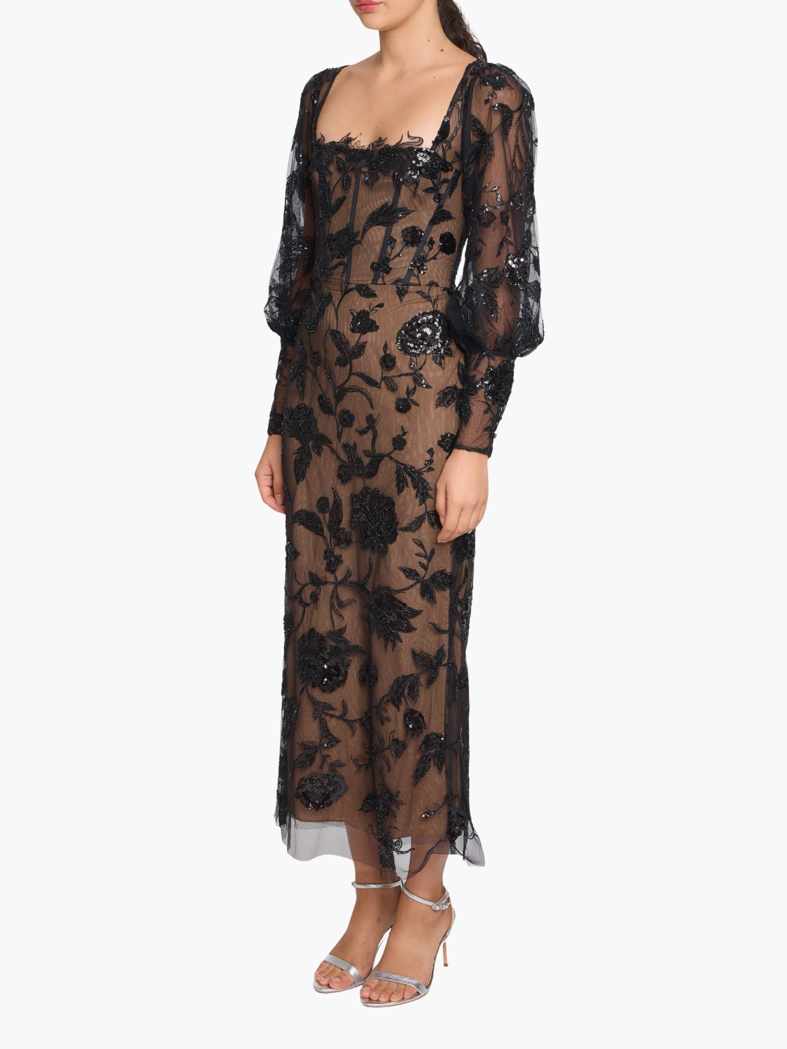 Illusion Murals Long Sleeve Corset Embellished Cocktail Maxi Dress | Marchesa Illusion Murals Long Sleeve Corset Embellished Cocktail Maxi Dress | Marchesa