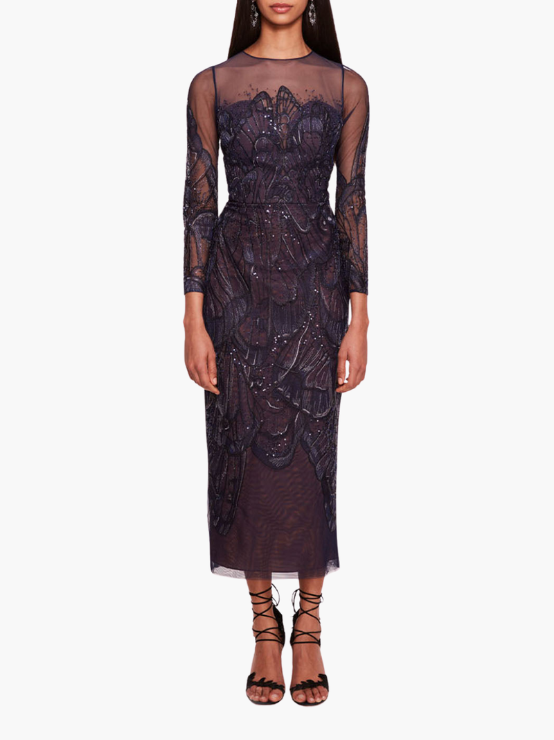 Mirrored Lace Floral Midi Dress | Marchesa Mirrored Lace Floral Midi Dress | Marchesa