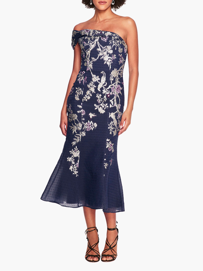 One Shoulder Gilded Midi Dress