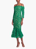 Off Shoulder Scalloped Emerald Lace Gown