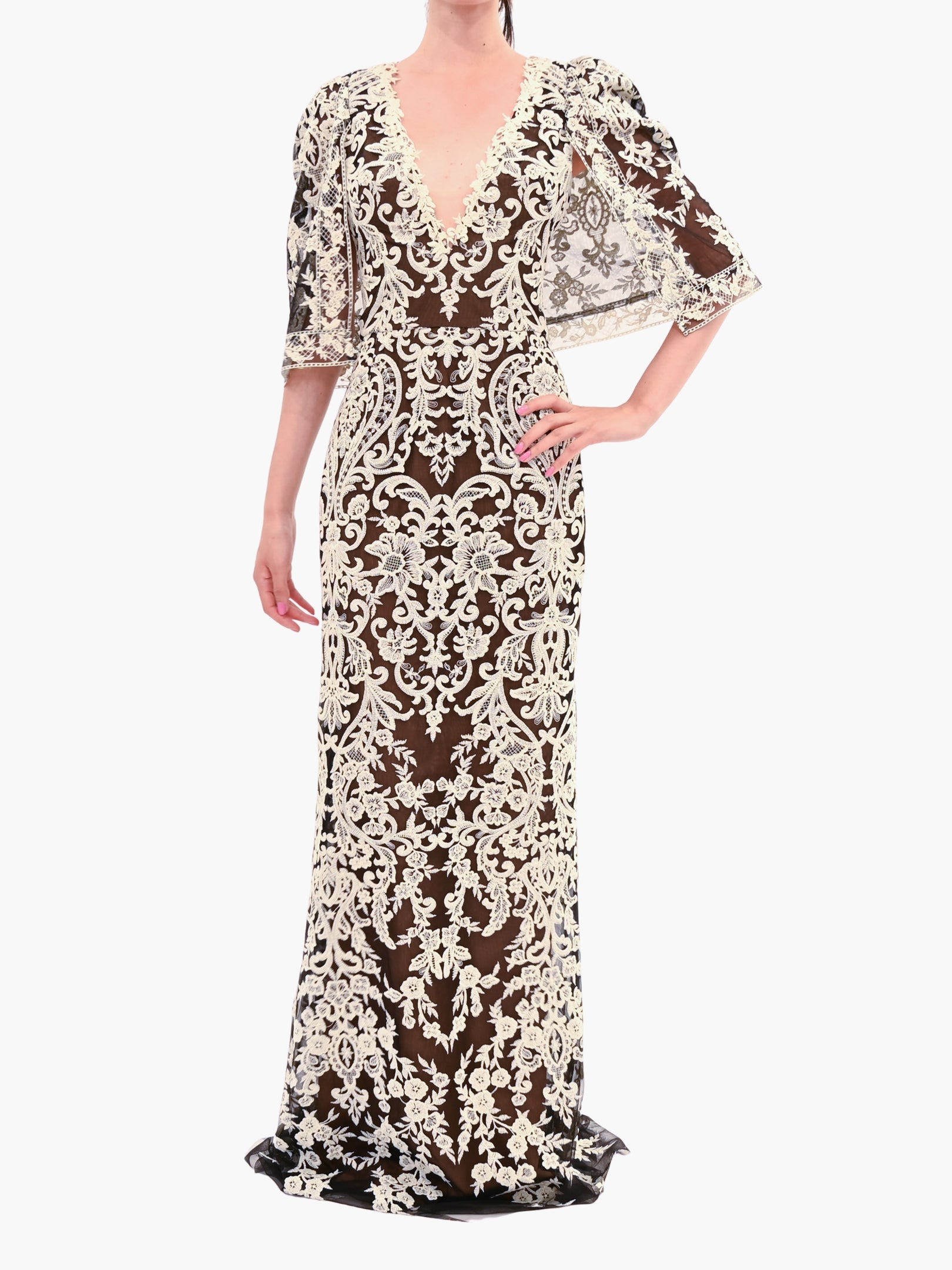 Mirrored Floral Cape Sleeve Gown