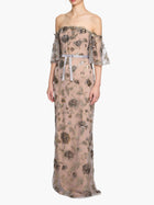 Illusion Murals Off The Shoulder Beaded Illusion Column Gown