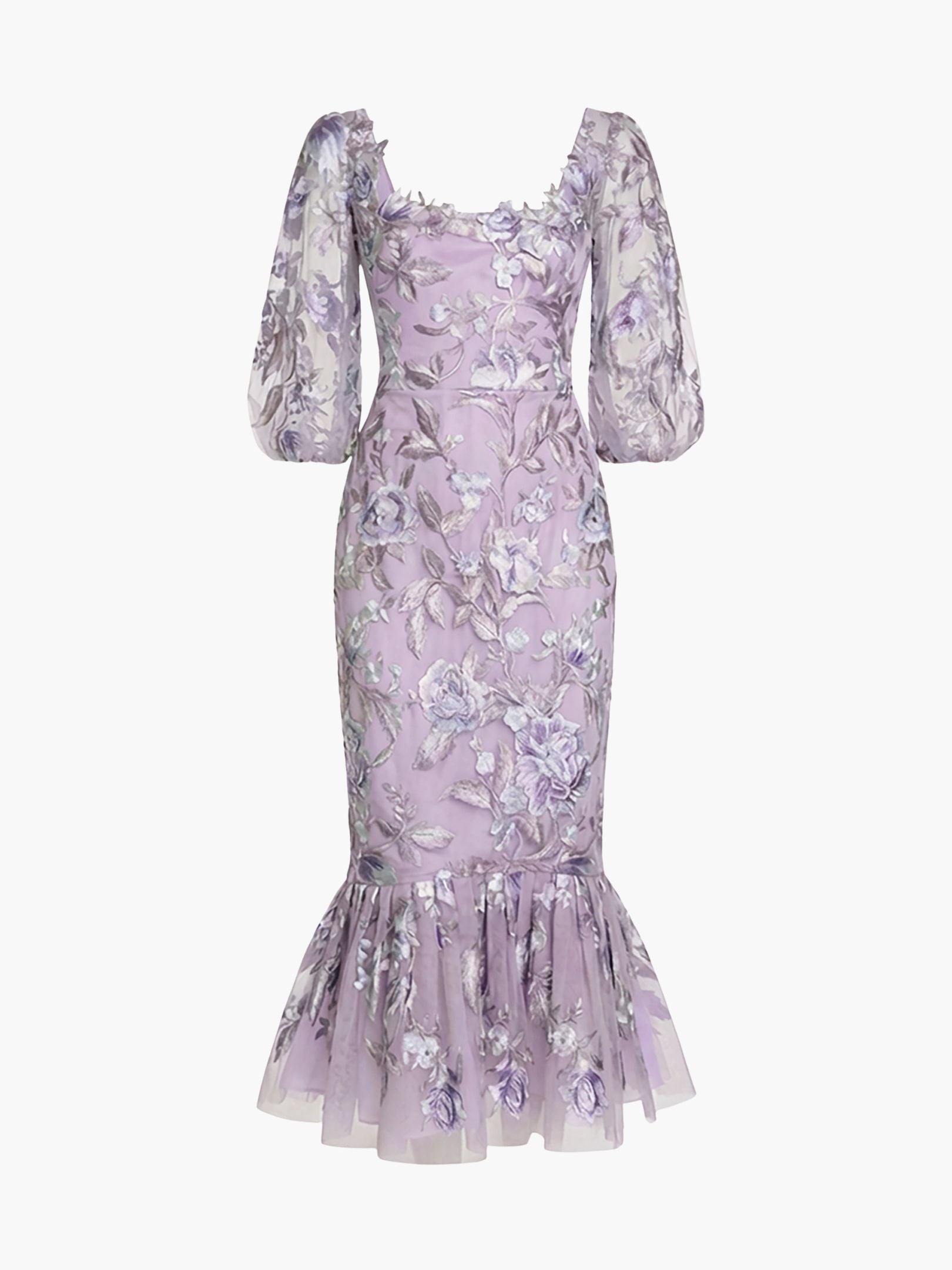Marchesa Notte Puff Sleeve Midi Dress