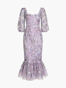 Botanist Bloom Embroidered Puff Sleeve Midi Dress