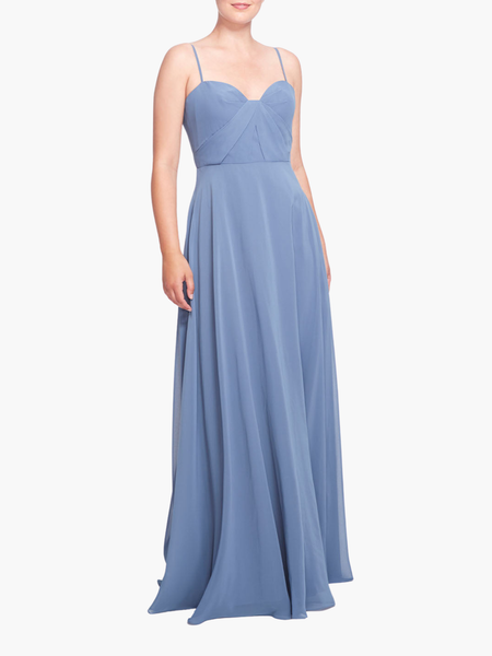 Dusty Blue Chiffon Gown with Back Bow Tie Detail | Marchesa Dusty Blue Chiffon Gown with Back Bow Tie Detail | Marchesa