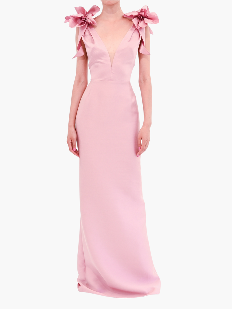 Draped Floral Mikado Gown