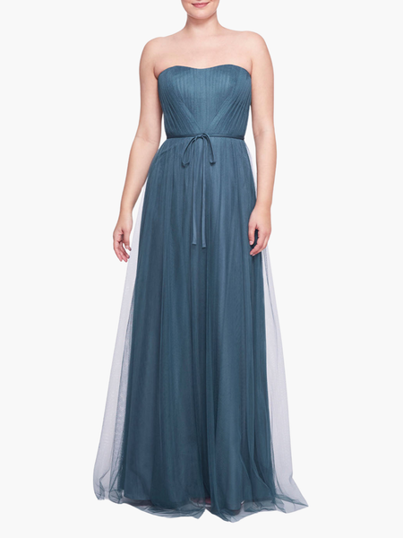 Dusty Blue Strapless Tulle Gown with Ribbon Waist Tie