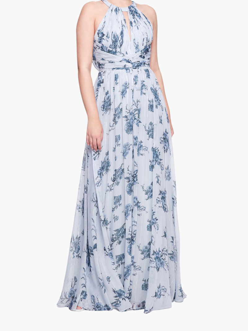 Carrara Floral Chiffon Key-Hole Halter Gown