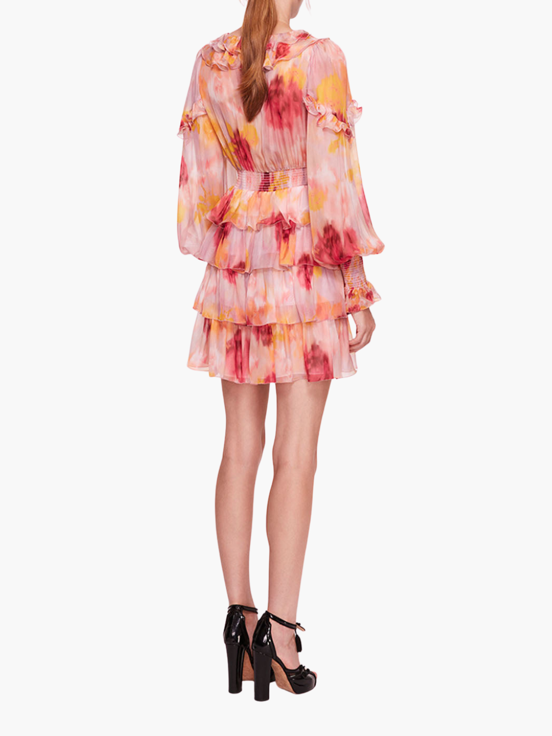 Orchid Silk V-Neck Tiered Ruffle Mini Dress