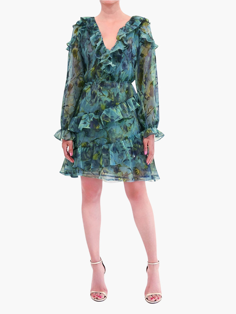 Watercolor Blooms Pleated Long Sleeve Chiffon Mini Dress