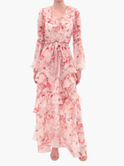 Printed Chiffon Belted Silk  Maxi Dress