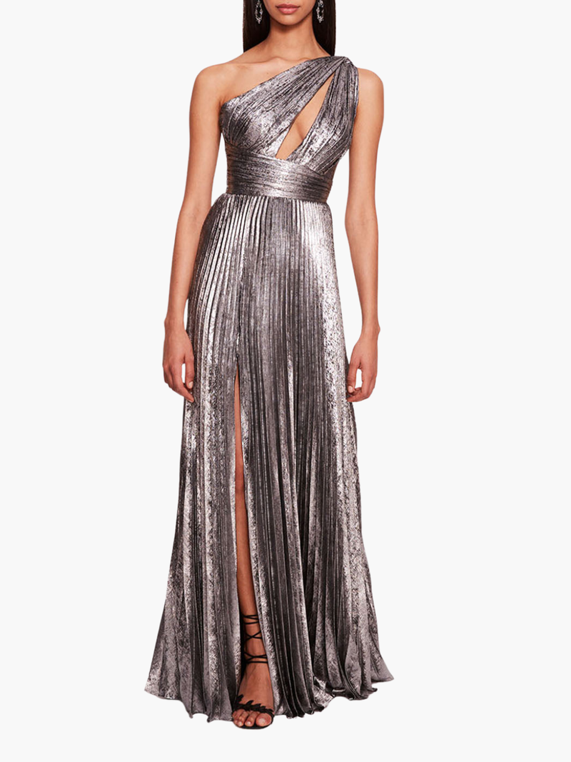 Metallic Lame Pleated Gown