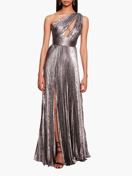 Metallic Lame Pleated Gown | Marchesa