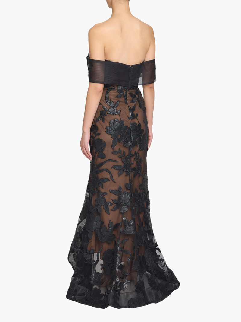 Leather Guipure Fitted Off Shoulder Hi-Lo Gown