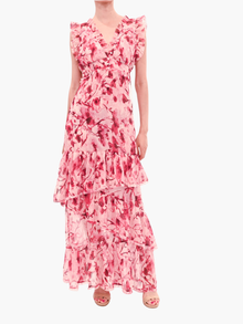 Watercolor Blooms Pleated Chiffon Maxi Dress