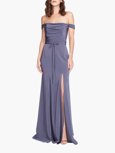 Steel Blue Off The Shoulder Satin Cowl Neck Gown