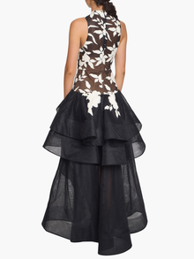 Leather Guipure High Neck Sleeveless Tiered Gown