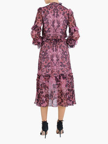 Braided Leopard Flounced Silk Chiffon Midi Dress