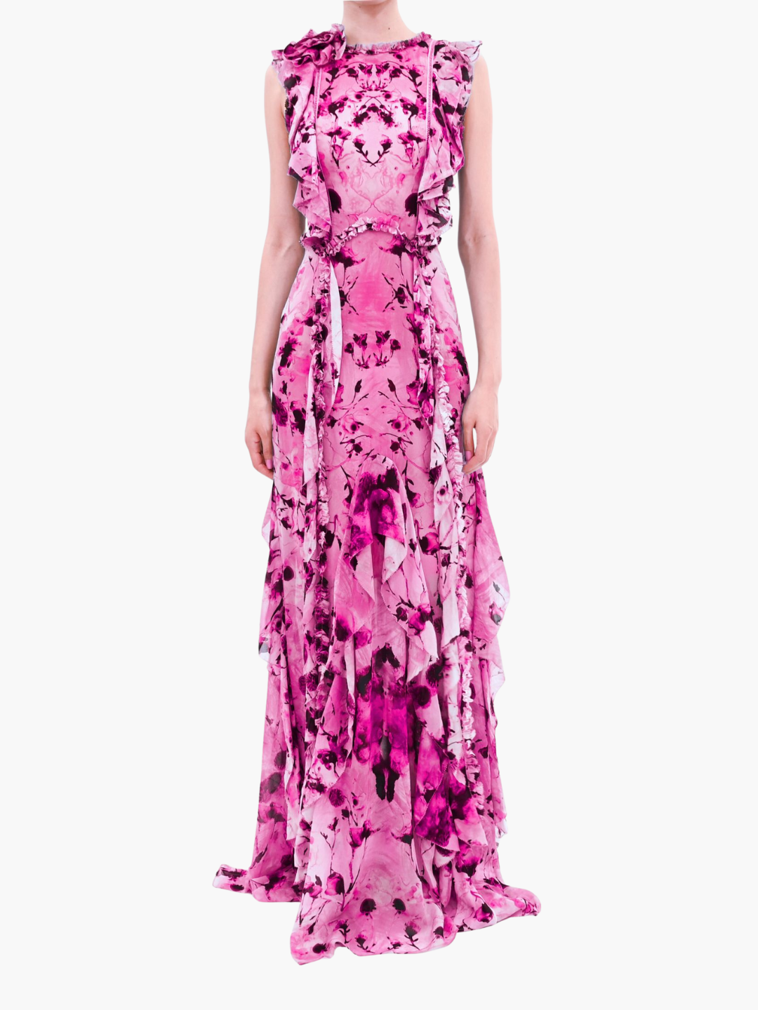 Painterly Print Sleeveless Georgette Gown