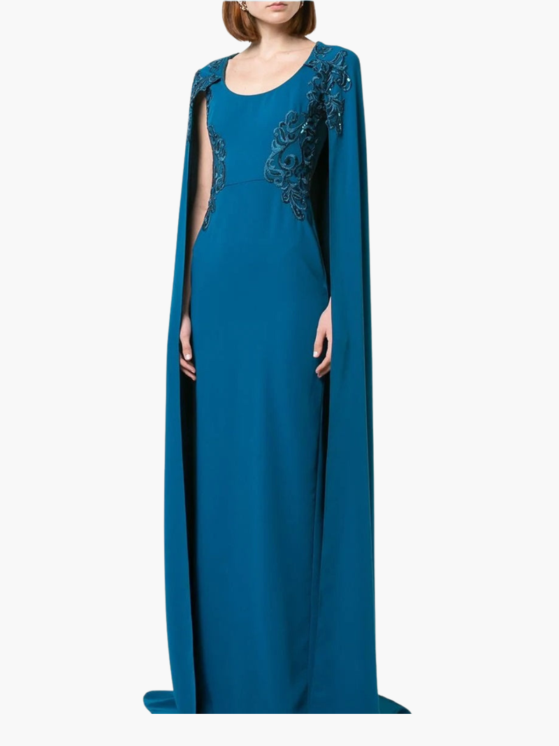 Crepe Caped Gown with Embroidery
