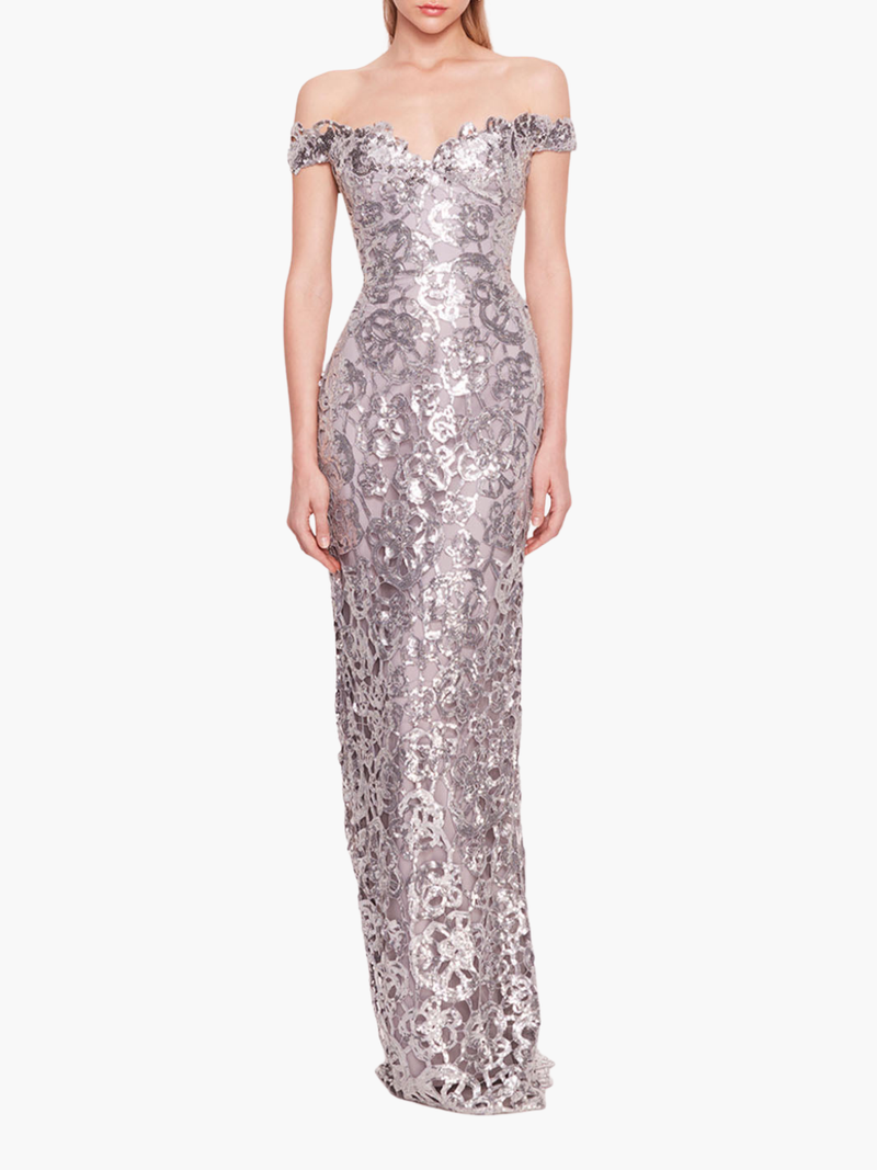 Off Shoulder Neckline Sequin Gown