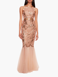 Sequin Lattice Strapless Gown