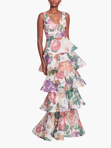Plunging V-Neck Floral Printed Gown
