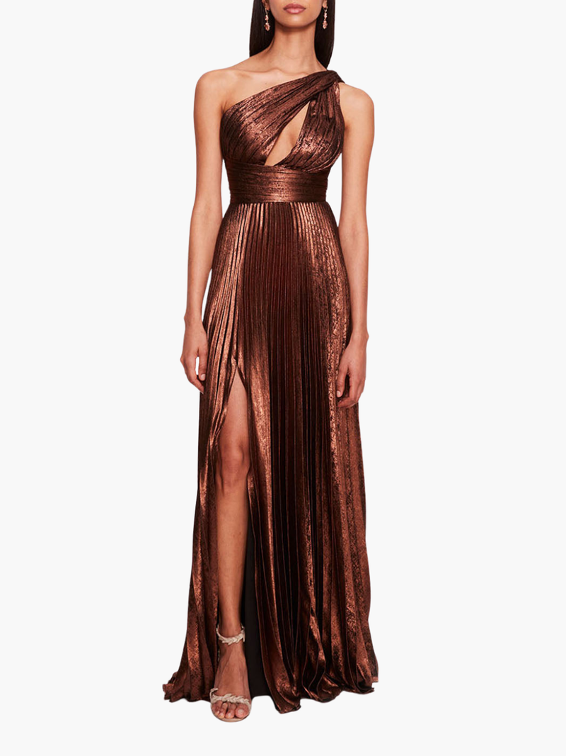 Metallic Lame Pleated Gown