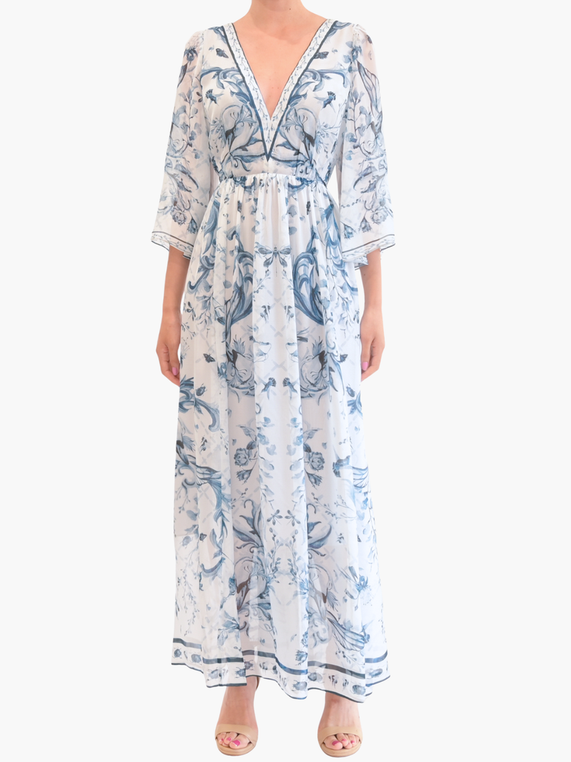 Printed Chiffon Gathered Silk Maxi Dress