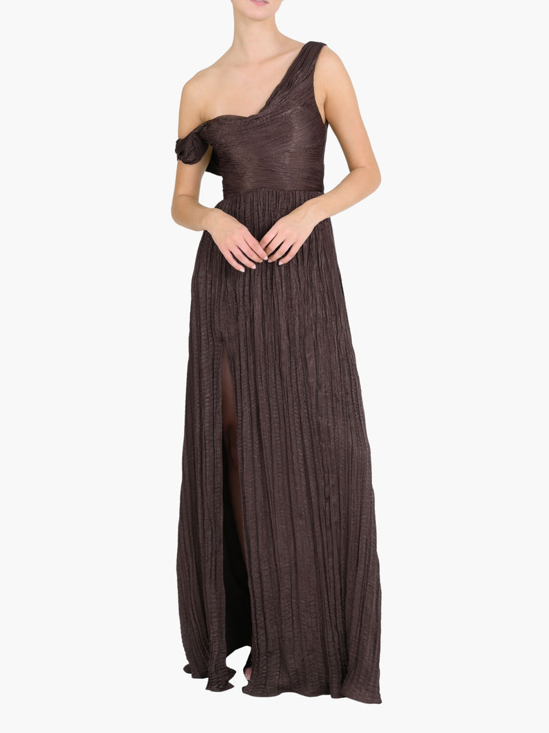 One-Shoulder Pleated Satin Gown