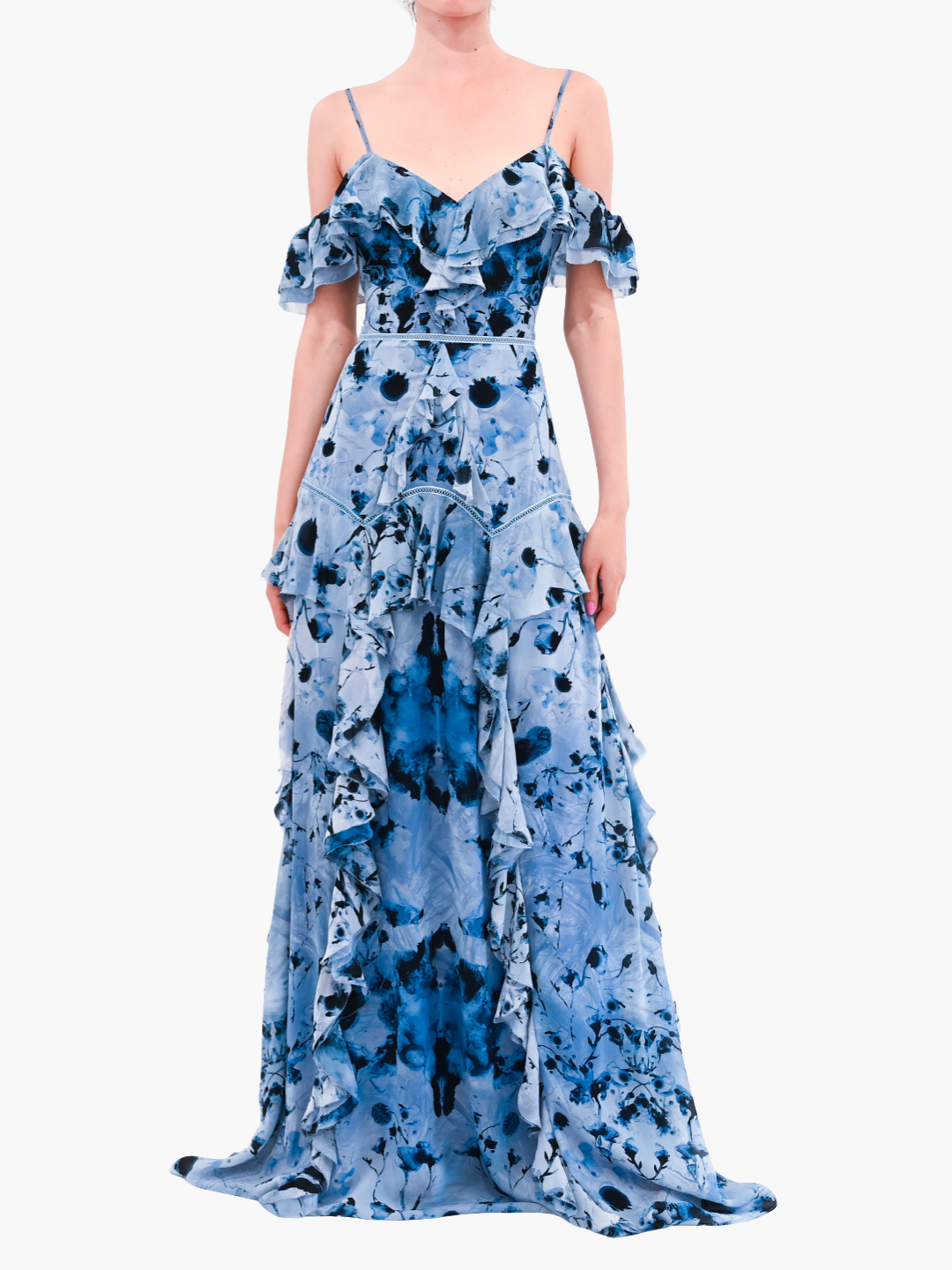 Painterly Print Georgette Off-Shoulder Gown