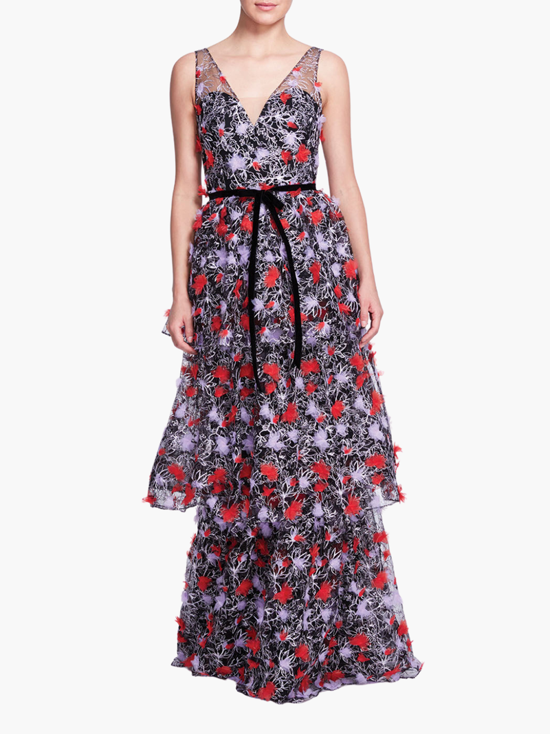 Tiered Embroidered Floral Gown