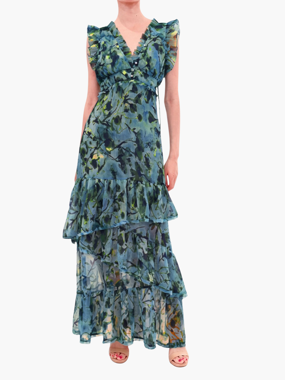 Watercolor Blooms Pleated Chiffon Maxi Dress
